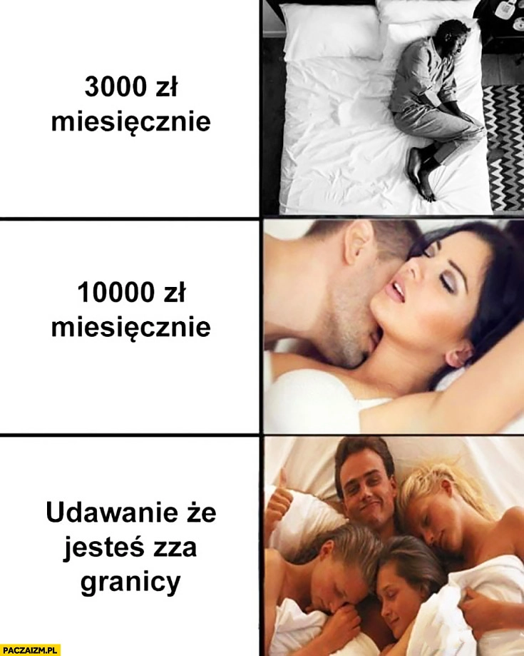 
    Zarobki a związek: 3000 miesięcznie śpi sam, 10 tysięcy miesięcznie z dziewczyną, najlepiej udawanie, że jesteś zza granicy