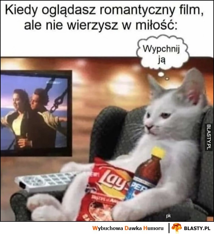 
    Kiedy oglądasz romantyczny film, ale nie wierzysz w miłość Titanic kot: wypchnij ją