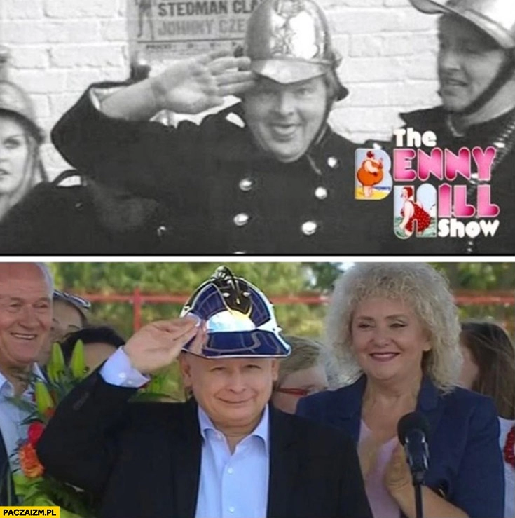 
    Kaczyński w hełmie jak Benny Hill