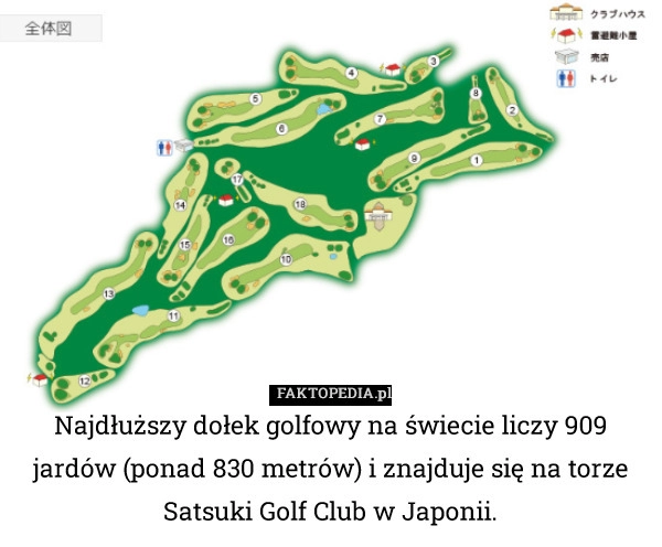 
    Najdłuższy dołek golfowy na świecie liczy 909 jardów (ponad 830 metrów)