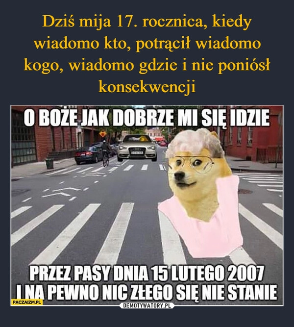 
    Dziś mija 17. rocznica, kiedy wiadomo kto, potrącił wiadomo kogo, wiadomo gdzie i nie poniósł konsekwencji