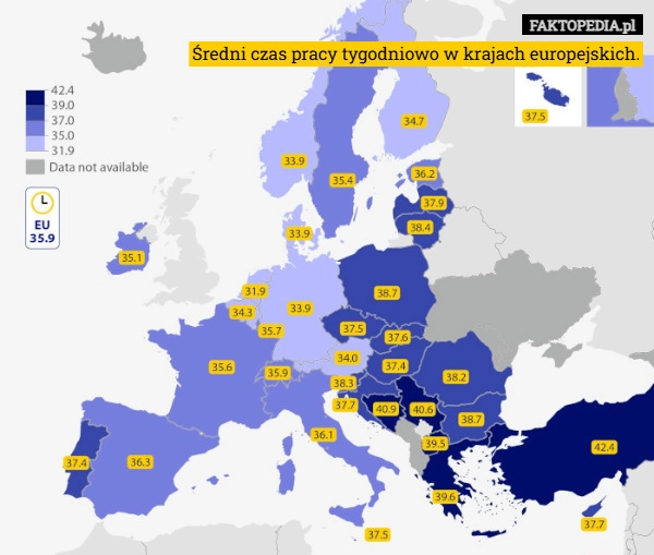 
    Średni czas pracy tygodniowo w krajach europejskich.