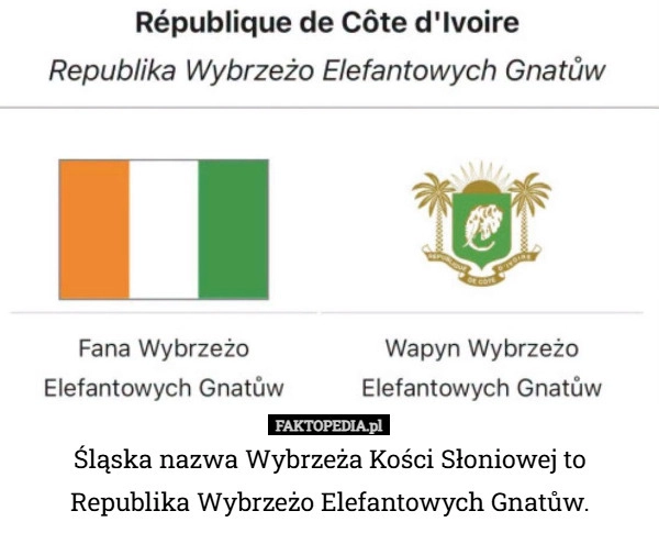 
    Śląska nazwa Wybrzeża Kości Słoniowej to Republika Wybrzeżo Elefantowych