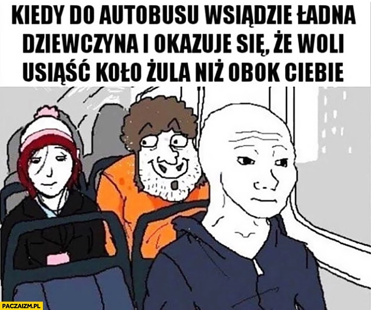 
    Kiedy do autobusu wsiądzie ładna dziewczyna i okazuje się, że woli usiąść koło żula niż obok Ciebie