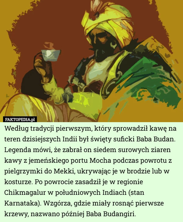 
    Według tradycji pierwszym, który sprowadził kawę na teren dzisiejszych Indii...