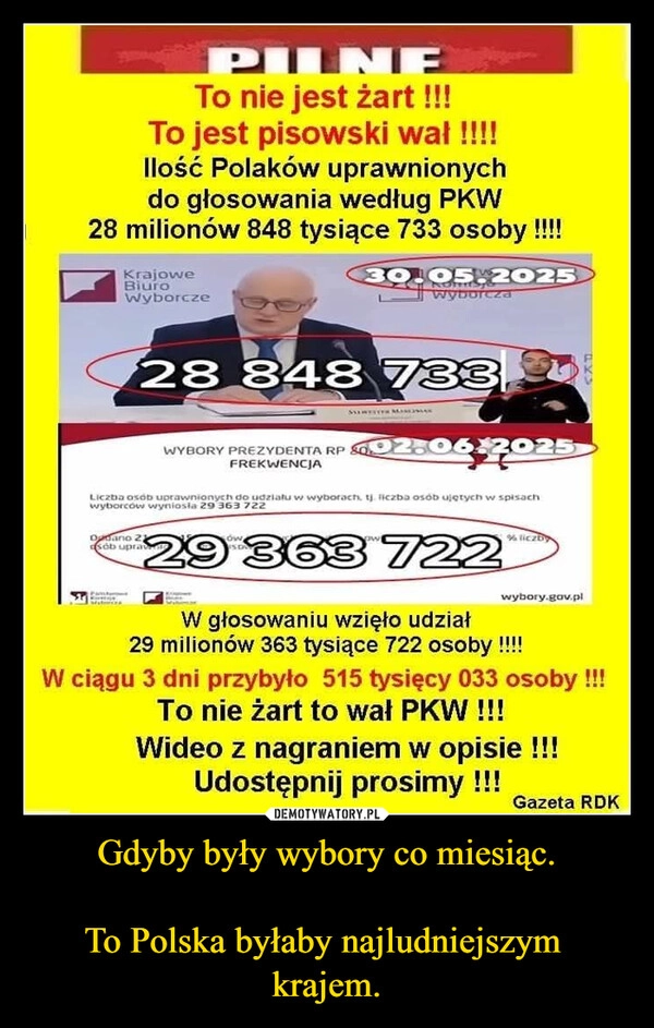
    Gdyby były wybory co miesiąc.

To Polska byłaby najludniejszym  krajem.