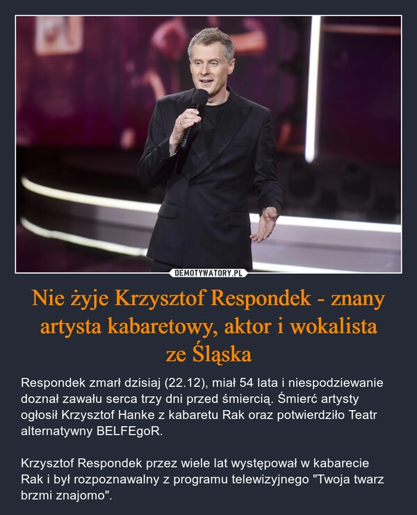 
    Nie żyje Krzysztof Respondek - znany artysta kabaretowy, aktor i wokalista
ze Śląska