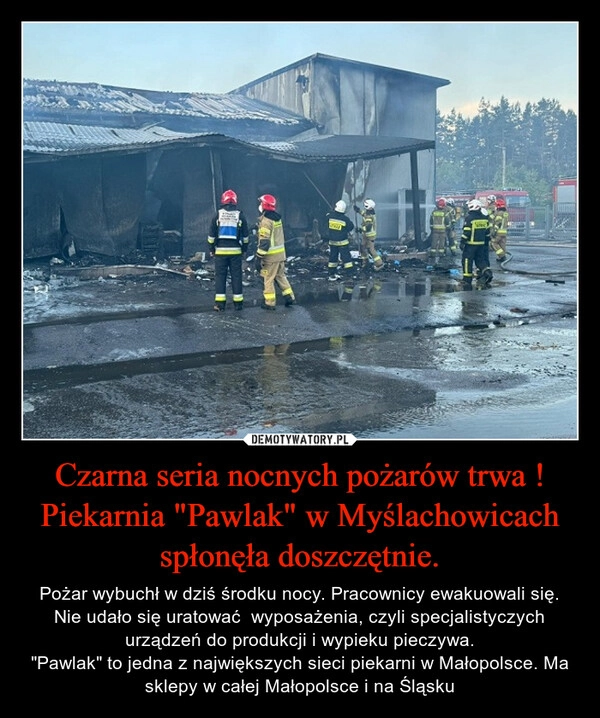 
    Czarna seria nocnych pożarów trwa !
Piekarnia "Pawlak" w Myślachowicach spłonęła doszczętnie.