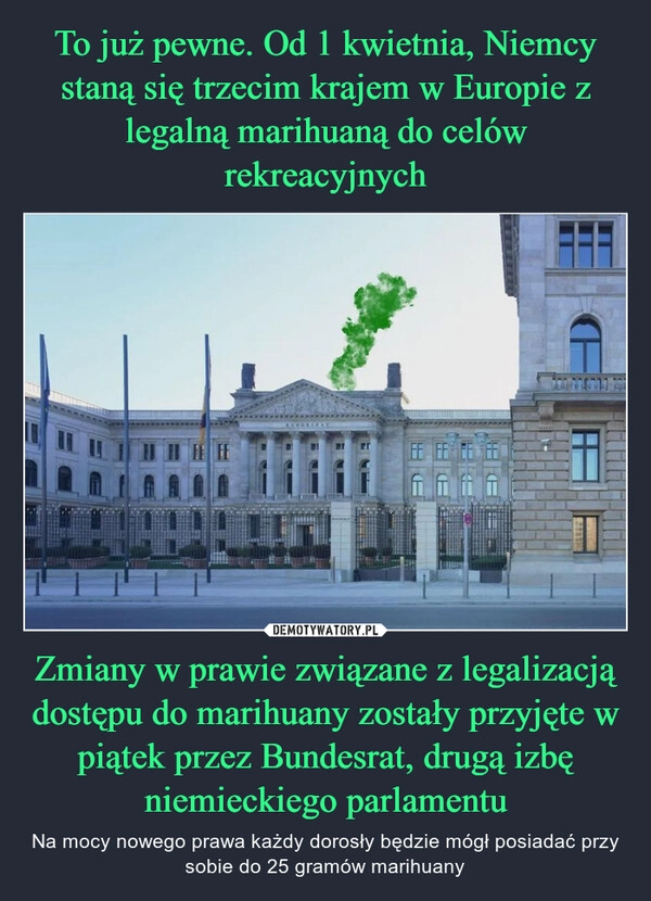 
    To już pewne. Od 1 kwietnia, Niemcy staną się trzecim krajem w Europie z legalną marihuaną do celów rekreacyjnych Zmiany w prawie związane z legalizacją dostępu do marihuany zostały przyjęte w piątek przez Bundesrat, drugą izbę niemieckiego parlamentu