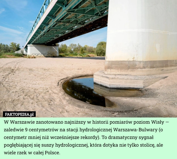 
    W Warszawie zanotowano najniższy w historii pomiarów poziom Wisły — zaledwie