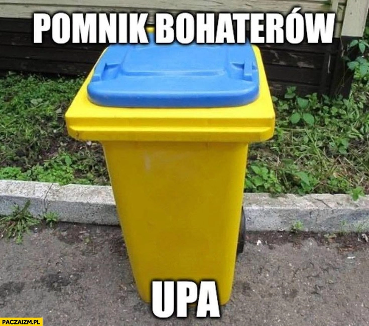 
    Pomnik bohaterów UPA żółty kubeł pojemnik na śmieci z niebieską pokrywą