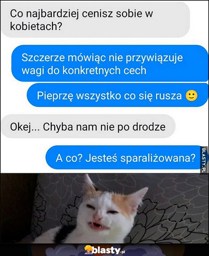 
    Co najbardziej cenisz w kobietach? Pieprzę wszystko co się rusza, okej to chyba nam nie po drodze. A co? Jesteś sparaliżowana?