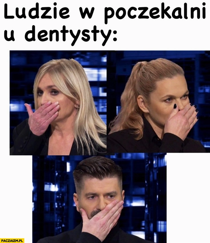 
    Ludzie w poczekalni u dentysty Olejnik Śmiszek Nowacka zasłaniają usta TVN