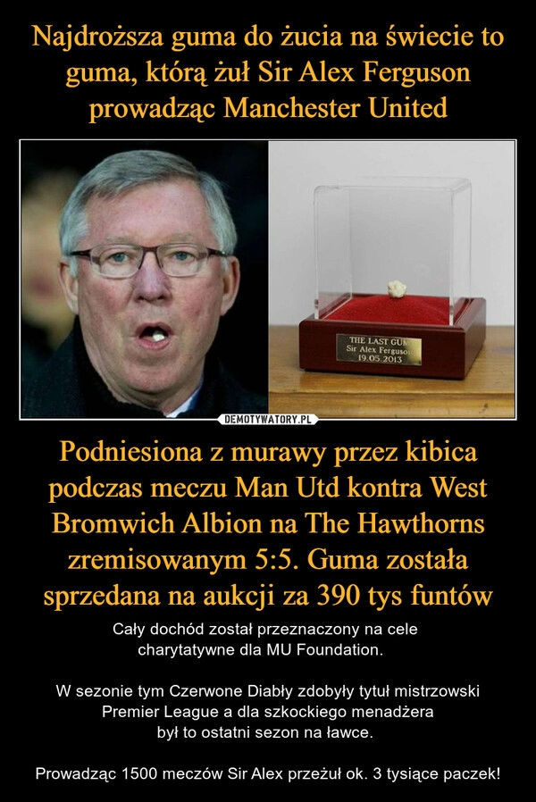 
    Najdroższa guma do żucia na świecie to guma, którą żuł Sir Alex Ferguson prowadząc Manchester United Podniesiona z murawy przez kibica podczas meczu Man Utd kontra West Bromwich Albion na The Hawthorns zremisowanym 5:5. Guma została sprzedana na aukcji za 390 tys funtów