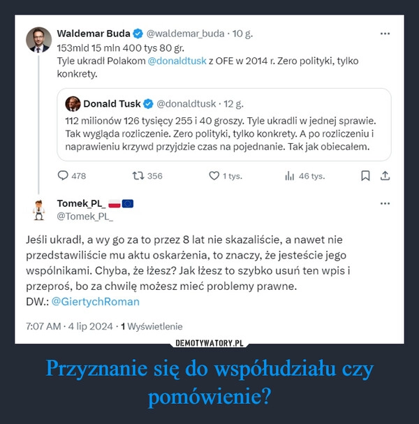 
    Przyznanie się do współudziału czy pomówienie?