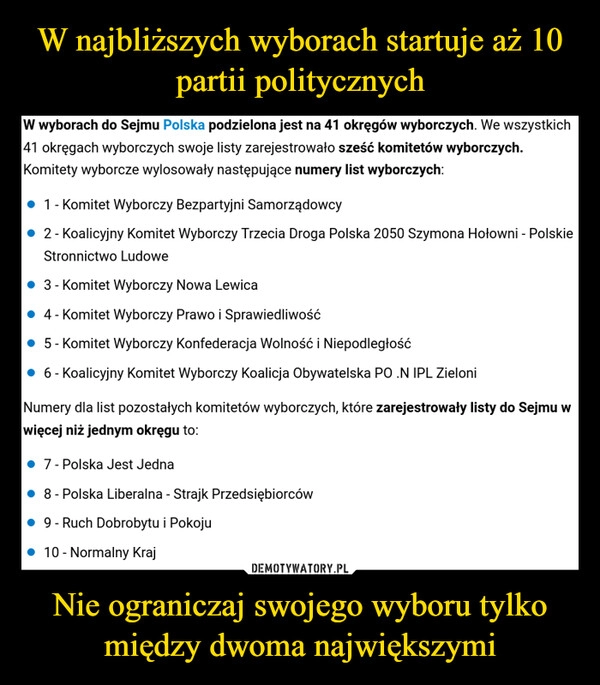 
    W najbliższych wyborach startuje aż 10 partii politycznych Nie ograniczaj swojego wyboru tylko między dwoma największymi