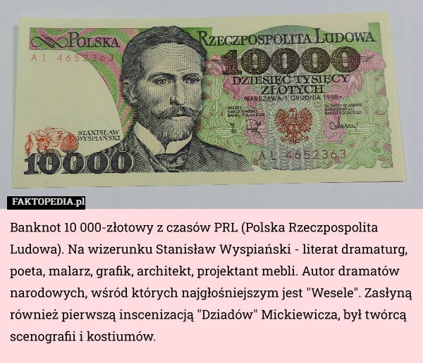 
    Banknot 10 000-złotowy z czasów PRL (Polska Rzeczpospolita Ludowa). Na wizerunku