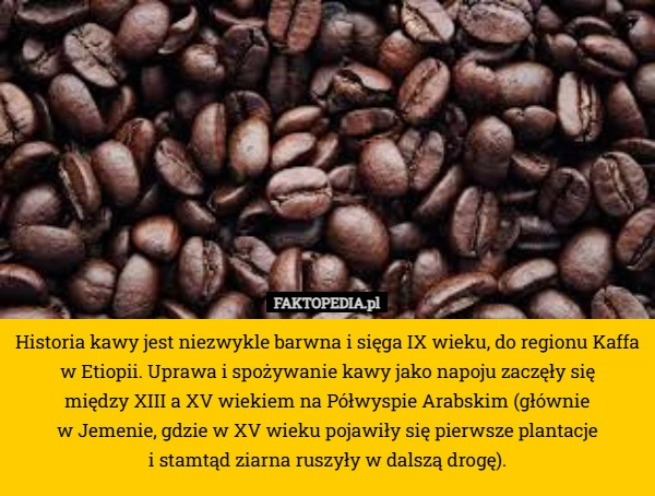 
    Historia kawy jest niezwykle barwna i sięga IX wieku, do regionu Kaffa w