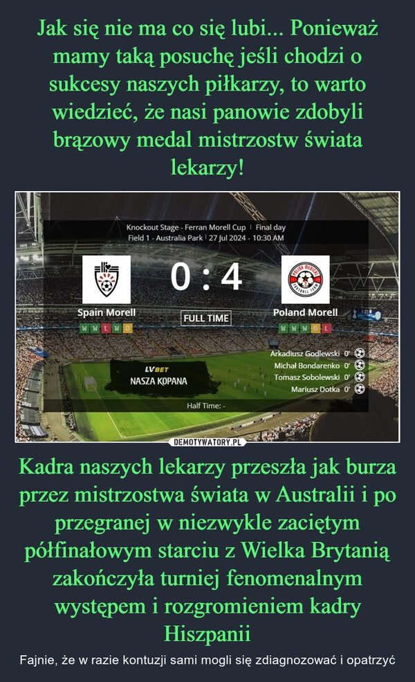 
    Jak się nie ma co się lubi... Ponieważ mamy taką posuchę jeśli chodzi o sukcesy naszych piłkarzy, to warto wiedzieć, że nasi panowie zdobyli brązowy medal mistrzostw świata lekarzy! Kadra naszych lekarzy przeszła jak burza przez mistrzostwa świata w Australii i po przegranej w niezwykle zaciętym półfinałowym starciu z Wielka Brytanią zakończyła turniej fenomenalnym występem i rozgromieniem kadry Hiszpanii