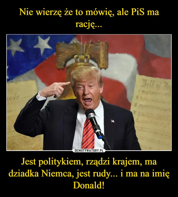 
    Nie wierzę że to mówię, ale PiS ma rację... Jest politykiem, rządzi krajem, ma dziadka Niemca, jest rudy... i ma na imię Donald!