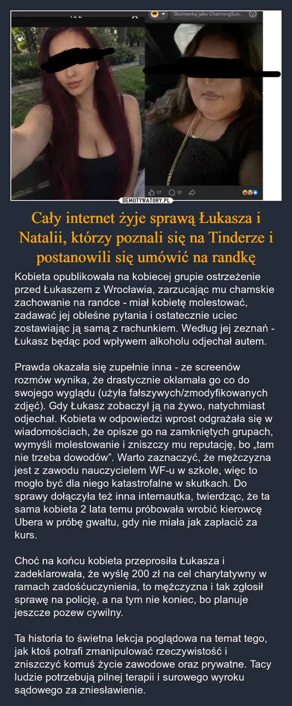 
    Cały internet żyje sprawą Łukasza i Natalii, którzy poznali się na Tinderze i postanowili się umówić na randkę