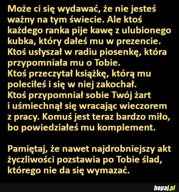 
    Jeśli ci się wydaje, że nie jesteś ważny i nie masz na nic wpływu, to warto pamiętać, że...