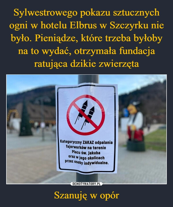 
    Sylwestrowego pokazu sztucznych ogni w hotelu Elbrus w Szczyrku nie było. Pieniądze, które trzeba byłoby na to wydać, otrzymała fundacja ratująca dzikie zwierzęta Szanuję w opór