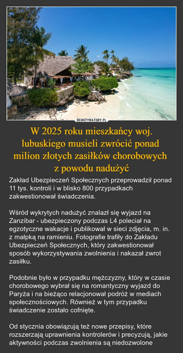 
    W 2025 roku mieszkańcy woj. lubuskiego musieli zwrócić ponad milion złotych zasiłków chorobowych z powodu nadużyć