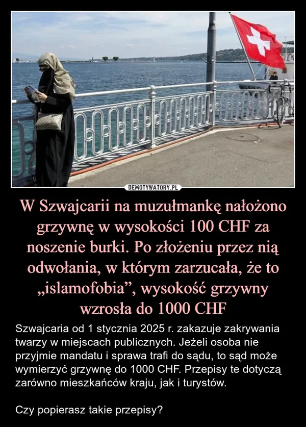 
    W Szwajcarii na muzułmankę nałożono grzywnę w wysokości 100 CHF za noszenie burki. Po złożeniu przez nią odwołania, w którym zarzucała, że to „islamofobia”, wysokość grzywny wzrosła do 1000 CHF
