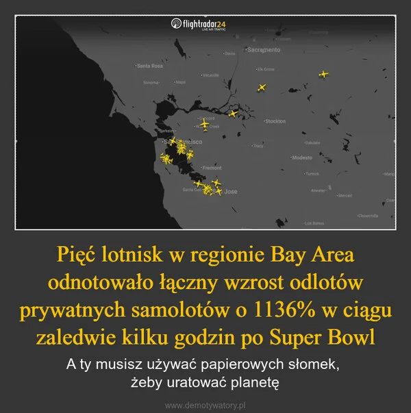 
    Pięć lotnisk w regionie Bay Area odnotowało łączny wzrost odlotów prywatnych samolotów o 1136% w ciągu zaledwie kilku godzin po Super Bowl