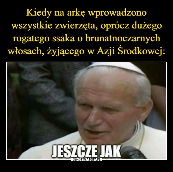 
    Kiedy na arkę wprowadzono wszystkie zwierzęta, oprócz dużego rogatego ssaka o brunatnoczarnych włosach, żyjącego w Azji Środkowej: