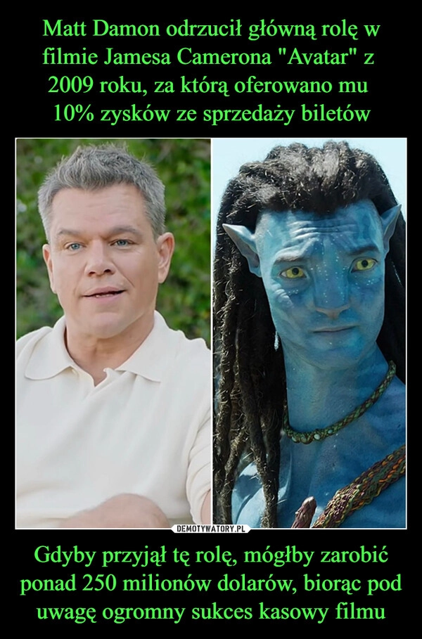 
    Matt Damon odrzucił główną rolę w filmie Jamesa Camerona "Avatar" z 
2009 roku, za którą oferowano mu 
10% zysków ze sprzedaży biletów Gdyby przyjął tę rolę, mógłby zarobić ponad 250 milionów dolarów, biorąc pod uwagę ogromny sukces kasowy filmu