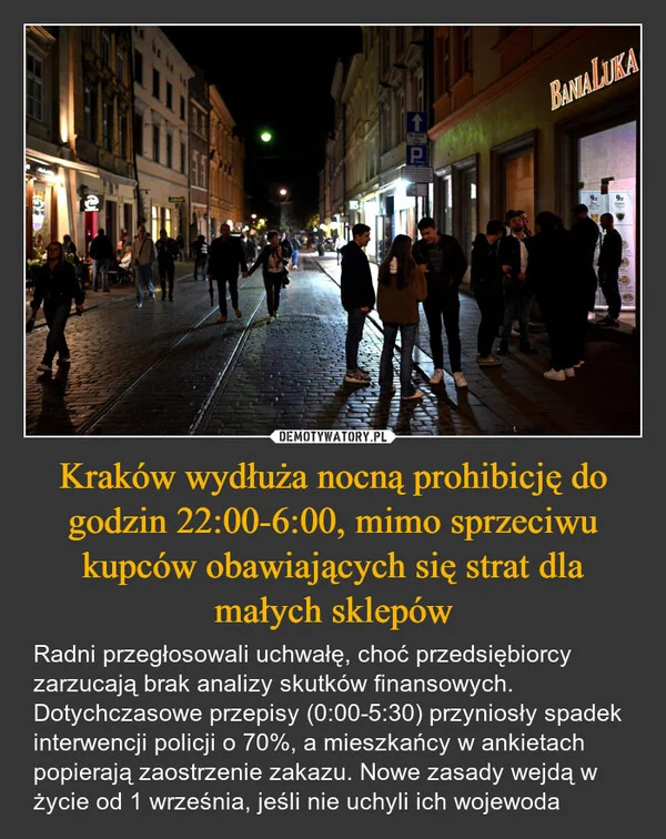 Kraków wydłuża nocną prohibicję do godzin 22:00-6:00, mimo sprzeciwu kupców obawiających się strat dla małych sklepów