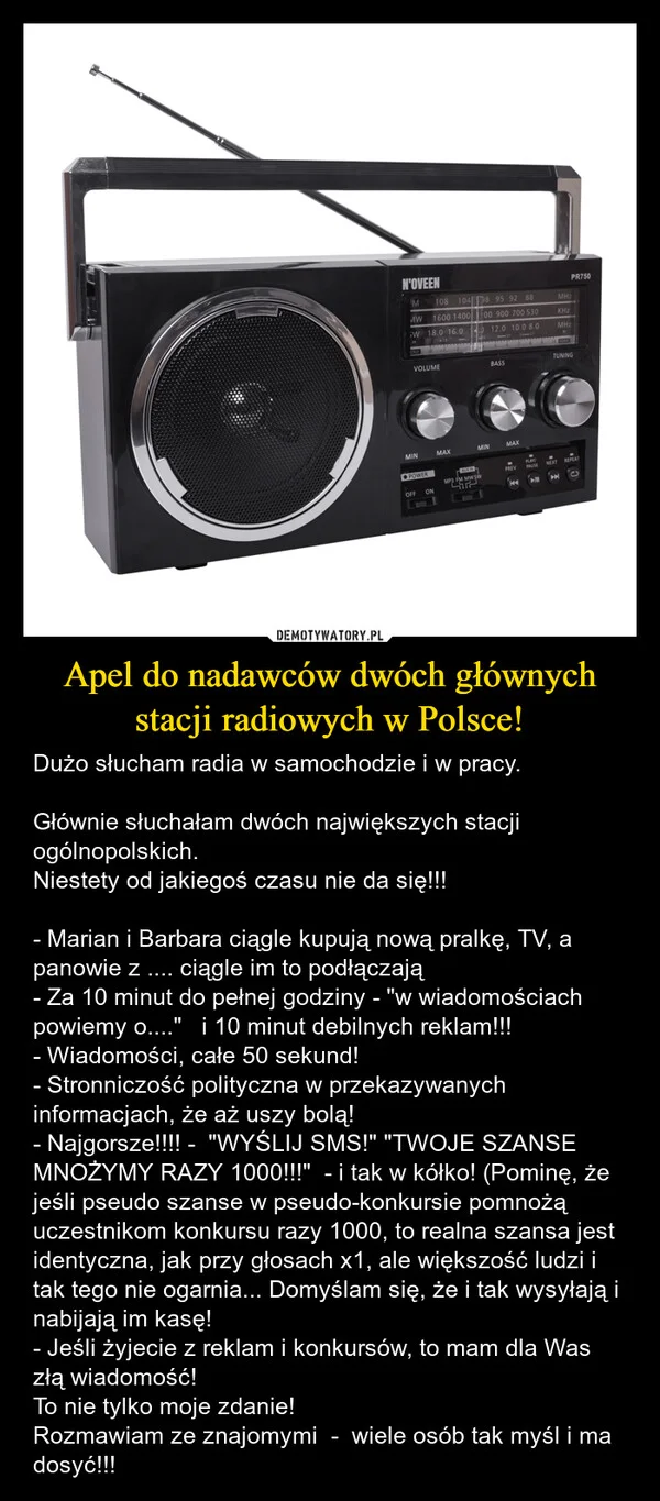 
    Apel do nadawców dwóch głównych stacji radiowych w Polsce!