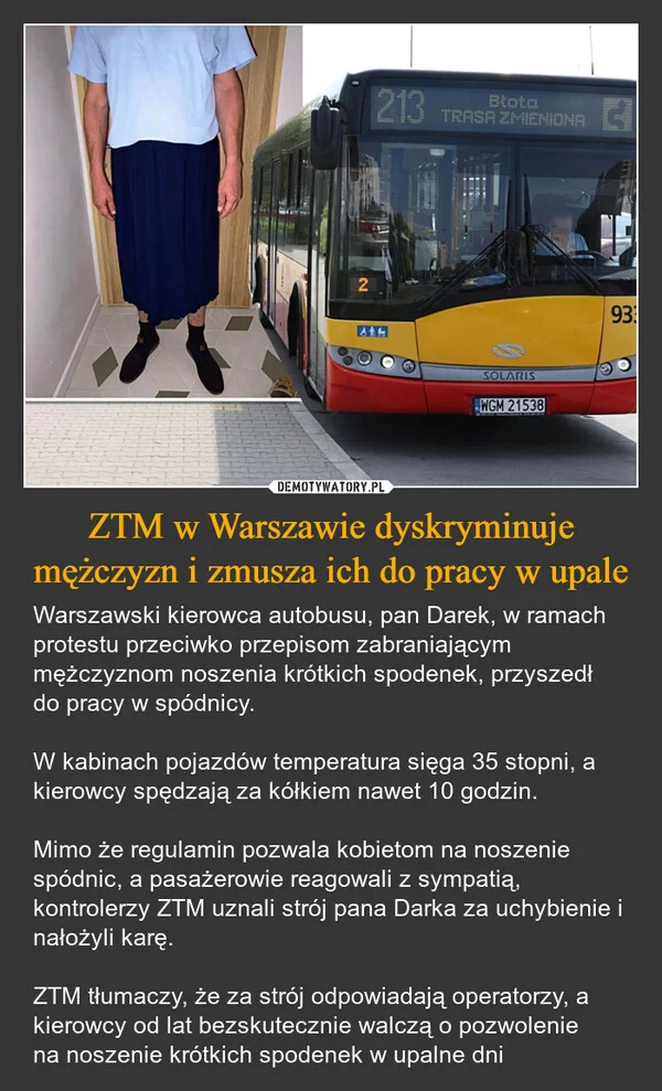 
    ZTM w Warszawie dyskryminuje mężczyzn i zmusza ich do pracy w upale