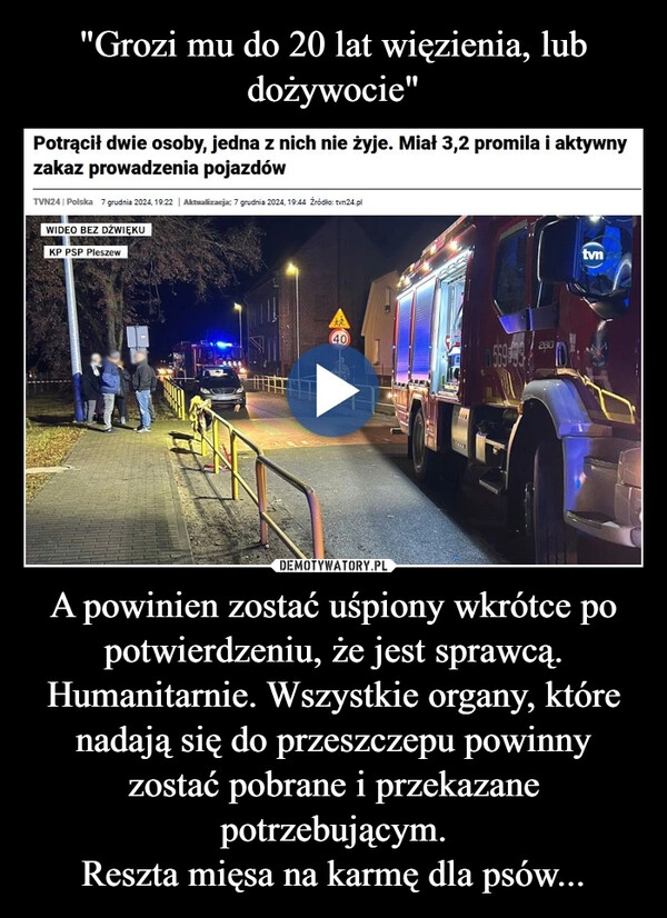 
    "Grozi mu do 20 lat więzienia, lub dożywocie" A powinien zostać uśpiony wkrótce po potwierdzeniu, że jest sprawcą. Humanitarnie. Wszystkie organy, które nadają się do przeszczepu powinny zostać pobrane i przekazane potrzebującym.
Reszta mięsa na karmę dla psów...