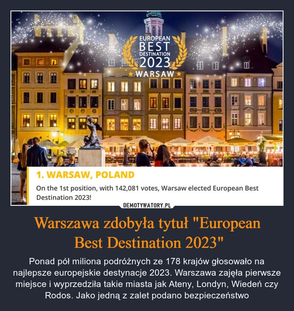 
    Warszawa zdobyła tytuł "European
 Best Destination 2023"