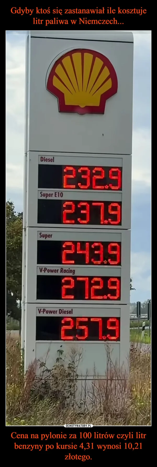 Gdyby ktoś się zastanawiał ile kosztuje litr paliwa w Niemczech... Cena na pylonie za 100 litrów czyli litr benzyny po kursie 4,31 wynosi 10,21 złotego.