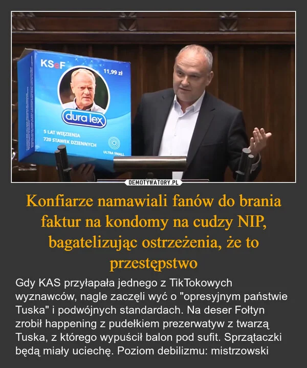 Konfiarze namawiali fanów do brania faktur na kondomy na cudzy NIP, bagatelizując ostrzeżenia, że to przestępstwo