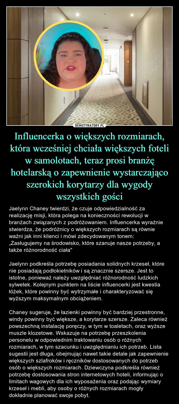 
    Influencerka o większych rozmiarach, która wcześniej chciała większych foteli w samolotach, teraz prosi branżę hotelarską o zapewnienie wystarczająco szerokich korytarzy dla wygody wszystkich gości