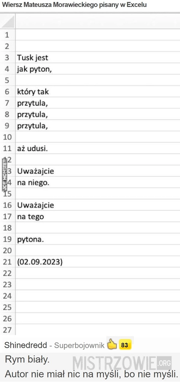 
    Wiersz Mateusza Morawieckiego pisany w Excelu