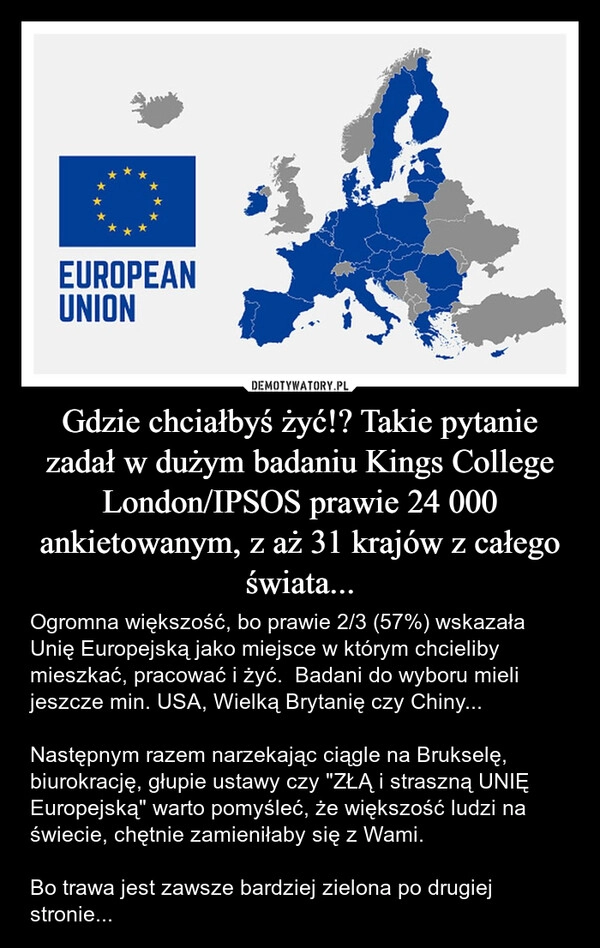 
    Gdzie chciałbyś żyć!? Takie pytanie zadał w dużym badaniu Kings College London/IPSOS prawie 24 000 ankietowanym, z aż 31 krajów z całego świata...