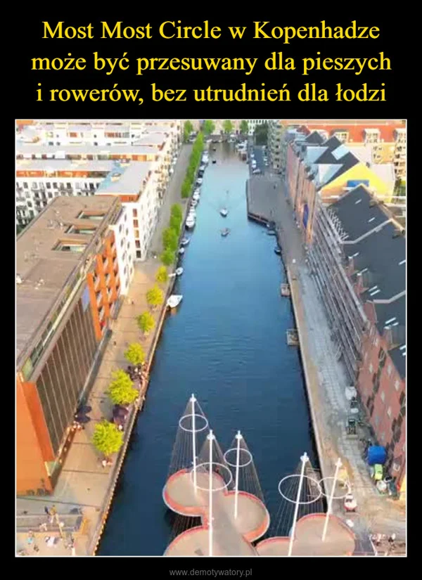 
    Most Most Circle w Kopenhadze może być przesuwany dla pieszych i rowerów, bez utrudnień dla łodzi