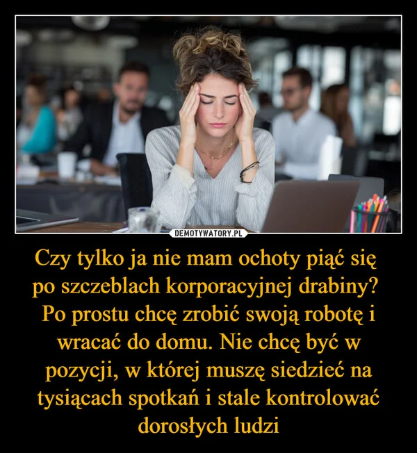 
    Czy tylko ja nie mam ochoty piąć się po szczeblach korporacyjnej drabiny? Po prostu chcę zrobić swoją robotę i wracać do domu. Nie chcę być w pozycji, w której muszę siedzieć na tysiącach spotkań i stale kontrolować dorosłych ludzi