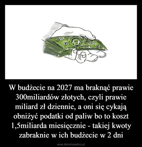 
    W budżecie na 2027 ma braknąć prawie 300miliardów złotych, czyli prawie miliard zł dziennie, a oni się cykają obniżyć podatki od paliw bo to koszt 1,5miliarda miesięcznie - takiej kwoty zabraknie w ich budżecie w 2 dni