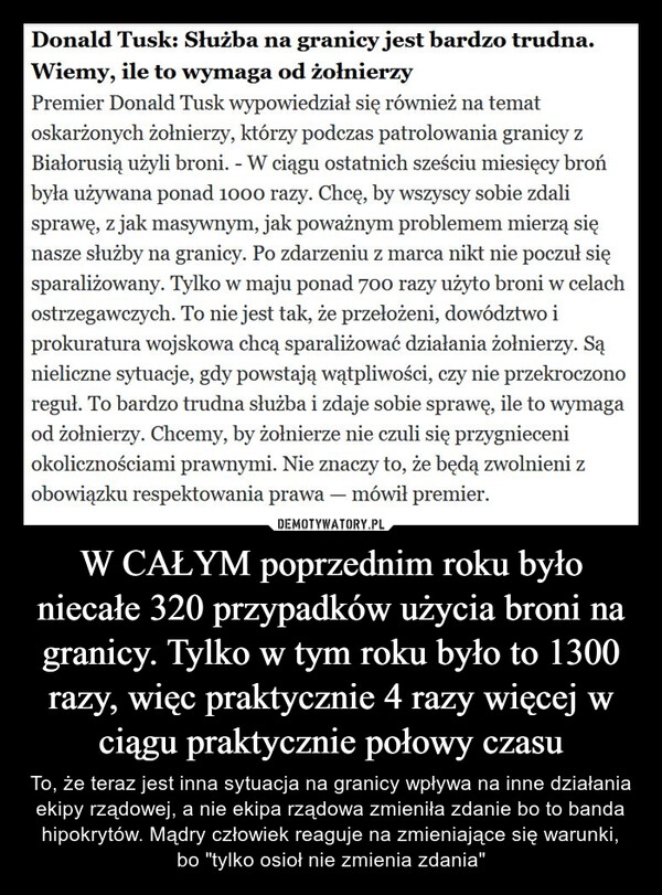 
    W CAŁYM poprzednim roku było niecałe 320 przypadków użycia broni na granicy. Tylko w tym roku było to 1300 razy, więc praktycznie 4 razy więcej w ciągu praktycznie połowy czasu