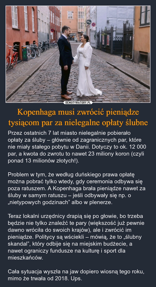
    Kopenhaga musi zwrócić pieniądze tysiącom par za nielegalne opłaty ślubne
