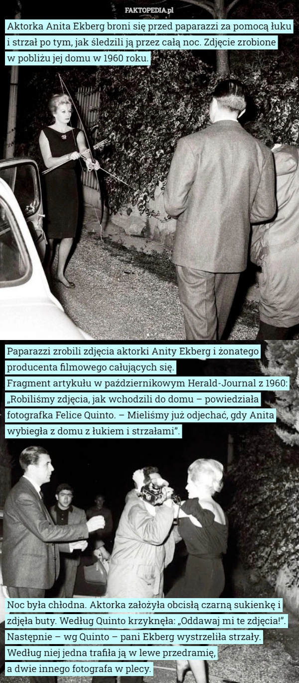 
    Aktorka Anita Ekberg broni się przed paparazzi za pomocą łuku i strzał po...