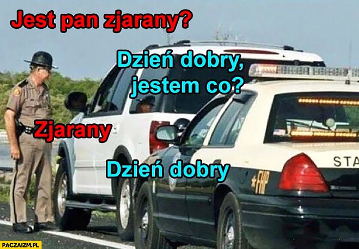 
    Jest pan zjarany, dzień dobry jestem co? Zjarany, dzień dobry kontrola policyjna