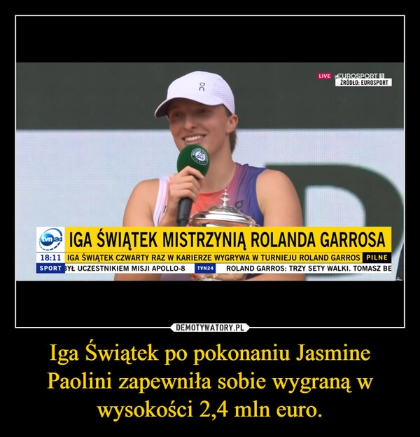 
    Iga Świątek po pokonaniu Jasmine Paolini zapewniła sobie wygraną w wysokości 2,4 mln euro.